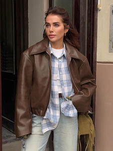 Womens Oversized Leather <b>Biker</b> <b>Jacket</b> Loose Fit Moto Style Lapel Collar Zip Up Vintage Casual Bomber <b>Jacket</b> - Product Image 5