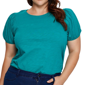 เสื้อผู้หญิงไซส์ใหญ่ คอกลม แขนสั้น สีพื้น ผ้าคอตตอนผสมโพลีเอสเตอร์ สีเขียวอมฟ้า ทรงปกติ - Product Image 1
