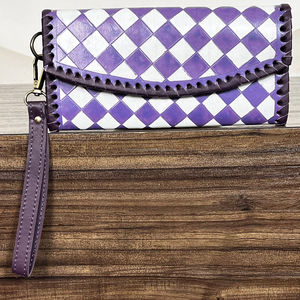 Nuevo Bolso de Mano Personalizado Ecológico a Cuadros Morado y Blanco para Mujer, Cartera de Cuero Vacuno Genuino de Alta Calidad con Tarjetero - Product Image 5
