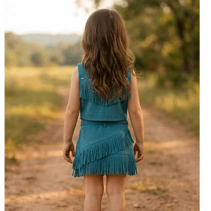 Ensemble coordonné pour filles, couleur turquoise, avec détails frangés, sans manches, et jupe ceinturée - Product Image 6