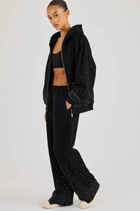 Survêtements pour femmes avec logo personnalisé, sweat à capuche surdimensionné avec strass et pantalon de jogging à jambes larges, respirants, style streetwear - Product Image 3