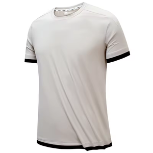T-shirt de performance pour homme avec logo personnalisé, blanc crème, haut d'entraînement avec poignets et ourlet côtelés contrastants noirs pour la gym et l'athlétisme - Product Image 2