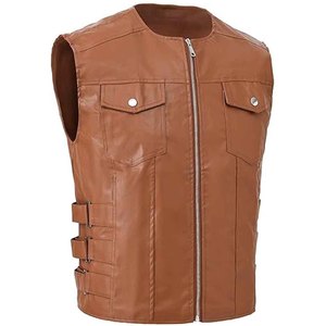 Gilet moto en cuir véritable respirant pour homme avec fermeture boutonnée dissimulée, ceinture à la taille, couleur unie, vêtement d'extérieur décontracté pour l'automne et l'hiver - Product Image 6