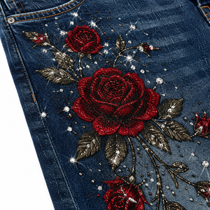 Women's Cute Dark High Waist Floral <b>Embroidered</b> Straight Leg <b>Jeans</b> Full Length Denim Pants Casual Autumn Streetwear OEM ODM - Product Image 5