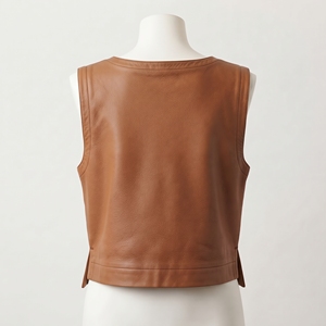 Cognac Tan <b>Leather</b> Shell <b>Top</b> Women Boat Neck Sleeveless Boxy Crop Side Slit Contrast Stitching Varsity Logo Embroidery Wholesale - Product Image 2