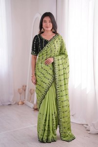 Green Silk Saree With Black Embroidery And Sequins Blouse For Women Traditional Indian Wedding Wear - Product Image 3