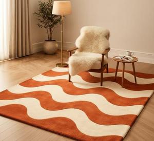 Alfombra de Lana Tufted Hecha a Mano de Primera Calidad con Diseño Abstracto de Ondas, Antideslizante, de Pelo Medio, Moderna, para Sala de Estar y Dormitorio - Product Image 1