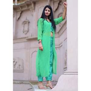 Vestido de Pantalón y Blusa Transparente de Georgette Verde Primavera para Mujer, Talla XS - Product Image 3