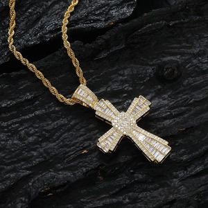 Hip Hop Baguette Cross <b>Necklace</b> Pendant Iced Out 18K Gold Plated Cross Zircon Emerald Cut Diamonds Pendant With Rope <b>Chain</b> - Product Image 1