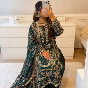 Conjunto Salwar Kameez de Georgette Heavy Fox con Bordado, Top con Moti y Espejo, Pantalón con Efecto Arrugado y Dupatta, Traje Étnico Completamente Cosido - Product Image 1