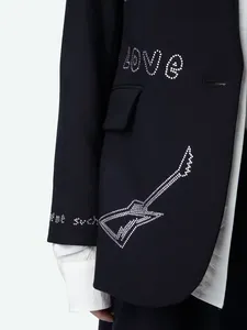 Blazer Oversize para Mujer con Gráficos de Rock y Pedrería, Azul Marino, Chaqueta de Traje con Diseño de Guitarra Eléctrica, Abrigo de Moda en Tendencia - Product Image 4