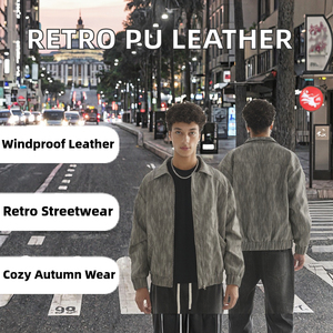 Blouson Bomber Homme en Cuir Véritable Délavé, Col Rabattu, Fermeture Éclair, Style Décontracté Hiver, Streetwear, Coupe Ample, Couleur Unie - Product Image 2