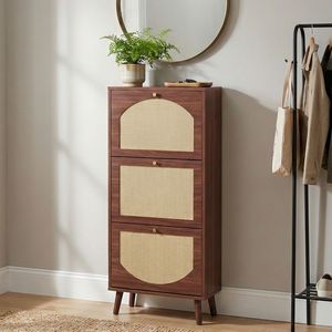 Scarpiera Moderna a 3 Cassetti con Coperchio in Rattan 54x24x135 cm Marrone in Truciolato - Design Salvaspazio - Product Image 1