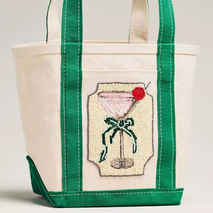 Casual <b>Canvas</b> <b>Tote</b> Bag Embroidered Cocktail Design Women Daily Use Shoulder Bag Aesthetic Vintage Zipper Closure - Product Image 1