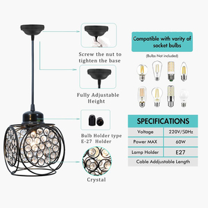 Lampe suspendue murale décorative en fil métallique pour la maison, finition noire, perles de cristal décoratives, pendentif rond - Product Image 6
