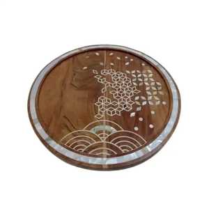 Assiette en bois d'acacia avec incrustation de nacre, design arabe fait main, écologique, plateau de service rond, cadeau d'affaires - Art indien - Product Image 1