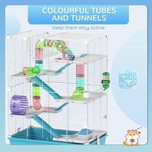 Gabbia per Criceti a 6 Piani Azzurra con Tubi, Tunnel, Casetta, Ruota, Ciotola per Cibo, Bottiglia d'Acqua e Rampe per Criceti Nani e Piccoli Animali - Product Image 5