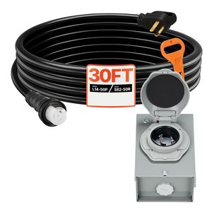 กล่องเชื่อมต่อเครื่องกำเนิดไฟฟ้า 50 แอมป์ สายต่อพ่วงยาว 30 ฟุต 125V/250V STW 6/3+8/1 AWG หัวต่อ NEMA 14-50P ถึง SS2-50R - Product Image 1