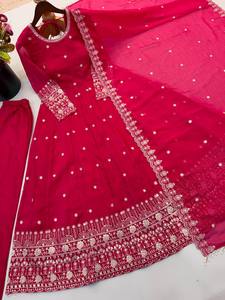 Women's <b>Red</b> Embroidered <b>Lehenga</b> Set With Gold Border Traditional Indian Pakistani Wedding Wear Floor-Length Loose Fit - Product Image 3