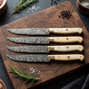 Handmade Damascus Steel Chef <b>Steak</b> <b>Knives</b> <b>Set</b> 4-Piece Bone Handle with Leather Sheath Premium Wholesale Hunting <b>Knives</b> - Product Image 1