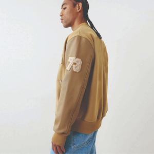 <b>Men's</b> Tan Varsity <b>Jacket</b> With Embroidered Letter R Casual Regular Fit OEM Service Cotton <b>Canvas</b> Button Closure Varsity <b>Jacket</b> - Product Image 4