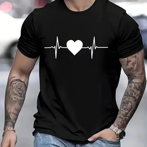 เสื้อยืดคอกลมแขนสั้นสีเขียวมะกอกสำหรับผู้ชาย พิมพ์ลายหัวใจ ผ้าเจอร์ซีย์ถัก สวมใส่สบาย ทรงปกติ - Product Image 5