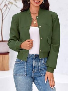 Chaqueta Bomber Verde para Mujer, Color Sólido, Cuello Alto, Manga Larga, Cierre de Botones, Ropa Exterior Informal, Bolsillo con Parche, Material de Poliéster - Product Image 3