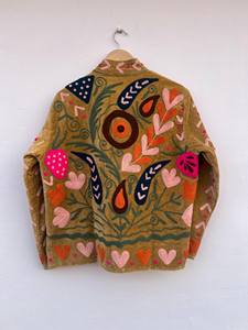 Chaqueta Bomber Azul Suzani de Terciopelo, Tejida, Acolchada, Transpirable, Hecha a Mano, Bordada con Letras, Estilo Bohemio, Étnica, para Festivales, Lana/Nailon - Product Image 4