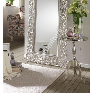 Luxury Handcrafted Solid Wood Floor <b>Mirror</b> Frame Ornate Royal Floral Scroll Carving Silver Finish - Product Image 4