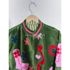 Unisex Party Wear Jacket Uzbek Embroidery Jacket Green Velvet Jacket <b>Coat</b> Hand <b>Stitch</b> Cotton Lining Boho Chic Jacket - Product Image 4