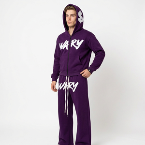 Ensemble de survêtement unisexe violet à capuche AMDAA ENTERPRISES, fermeture éclair intégrale, streetwear en coton, pour homme, collection automne, imprimé lettres, coupe ample, 2-en-1 - Product Image 1