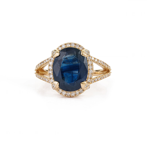 Nouvelle collection de bagues de mariage audacieuses en or jaune massif 14 carats avec halo de saphirs bleus et diamants, à tige fendue, design tendance - Product Image 1
