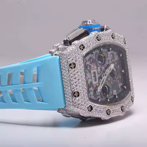 Bracelet de luxe rectangulaire en caoutchouc bleu, style sport hip-hop, entièrement serti de diamants, en acier inoxydable, boîtier carré de 41 mm - Product Image 2