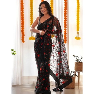 Sari indio negro de tela suave con diseño de mariposa, bordado con lentejuelas y encaje, estilo étnico moderno, para fiesta, sin coser. - Product Image 1