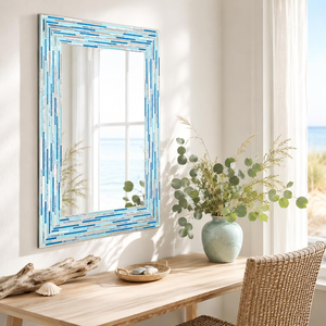 Espejo de Pared Rectangular de Vidrio Mosaico Azul y Blanco, Marco de Azulejos Geométricos Hecho a Mano, Espejo Decorativo de Estilo Costero para una Vida Moderna - Product Image 2