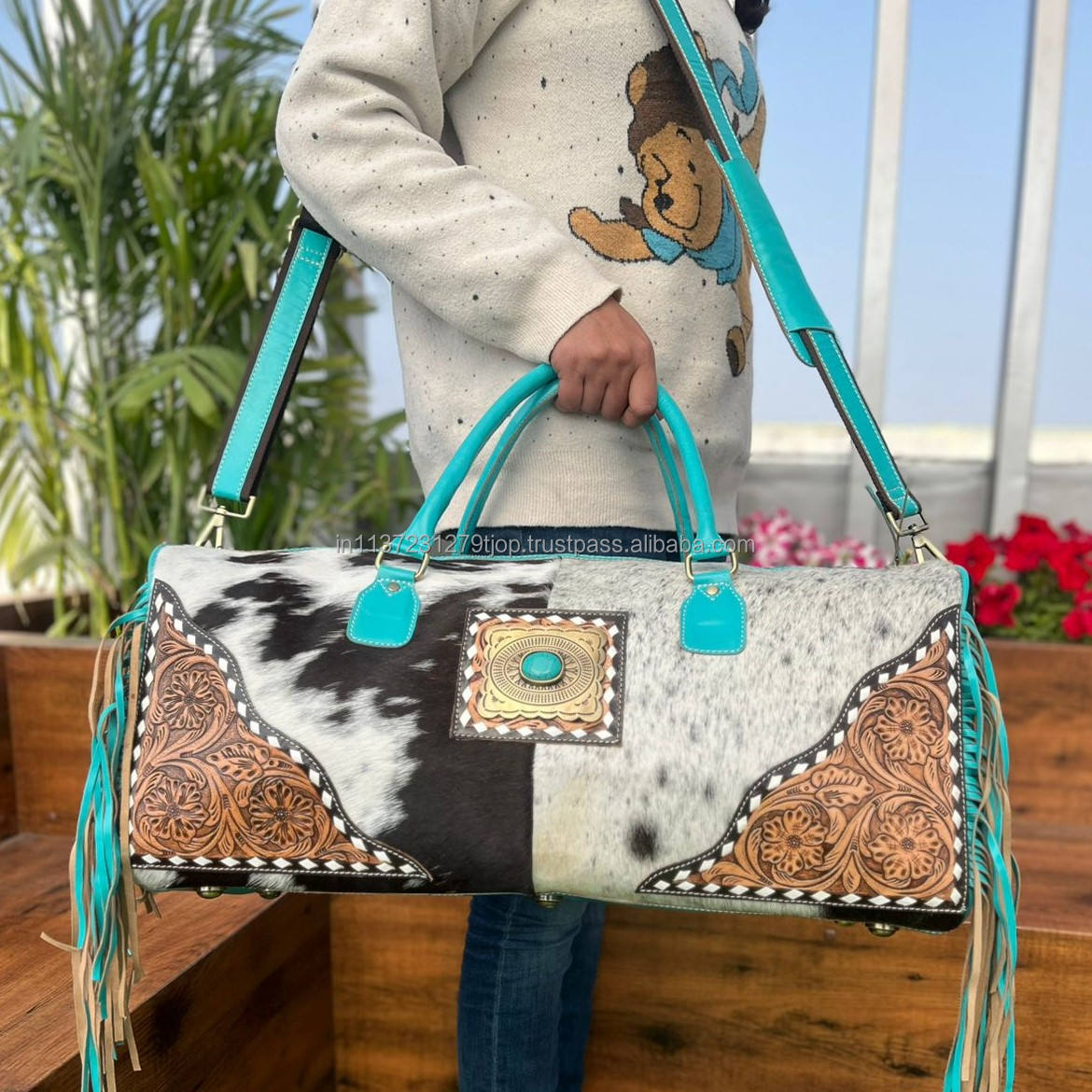 Turquoise With Black Cowhide