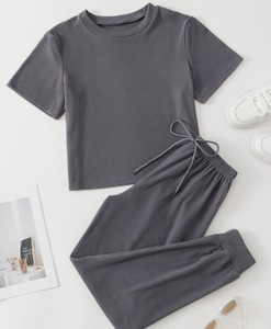 Solid Color Knitted Casual <b>Set</b> Short Sleeve Crew Neck Top Full Length Pants Breathable Loose Fit Spring Summer Wear - Product Image 1