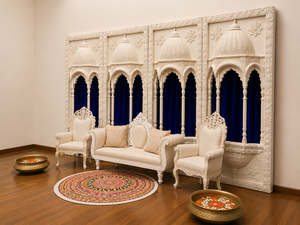 Elegant Mughal-Inspired <b>Wedding</b> Stage Fiber Backdrops Elegant White <b>Frames</b> for <b>Wedding</b> Reception Stage At Wholesale Prices USA - Product Image 3