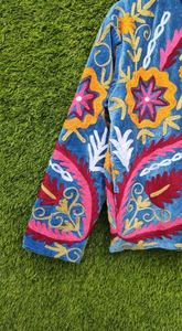 Boho Embroidery Denim Kimono <b>Cardigan</b> Long Sleeve Loose Fit Floral Pattern Hand Embroidered Casual Wear Spring Style - Product Image 3