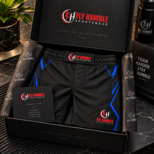 กางเกง MMA สำหรับผู้ชาย Fly Humble สีดำ-น้ำเงิน พิมพ์ลายแบบ Sublimation ระบายเหงื่อได้ดี ทรงสปอร์ต ขายส่ง ราคาพิเศษ รับสั่งทำ - Product Image 5