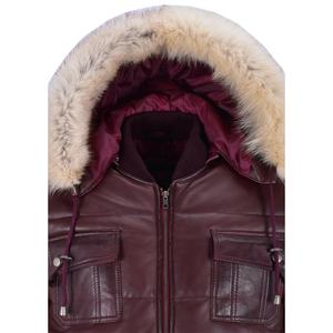 Blouson à capuche en fausse fourrure avec veste en cuir matelassé style bomber en cuir véritable peau de mouton - Product Image 3