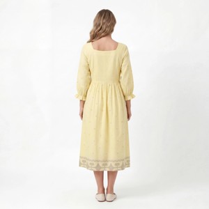 Women's Yellow Floral Embroidered Organza Henley Neck Puff Sleeve <b>Loose</b> Fit Knee-Length Casual Leisure <b>Dress</b> - Product Image 5