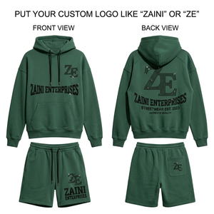 Mens Hoodie Short Set Premium <b>Brushed</b> Cotton Fleece 320 GSM Green Pullover Hoodie Shorts Custom Rhinestone <b>Heat</b> Transfer Logo - Product Image 1
