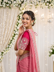 AARA Fashion Saree en soie rose avec bordure brodée et chemisier, tenue de mariage pour femme, robe de mariée indienne traditionnelle, protection solaire - Product Image 5