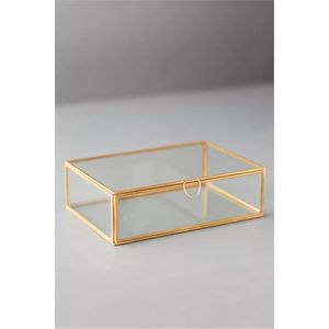 Boîte de rangement géométrique en verre transparent avec bordure en laiton doré vintage, idéale pour la décoration intérieure, comme terrarium ou organisateur de bijoux, vente en gros - Product Image 1