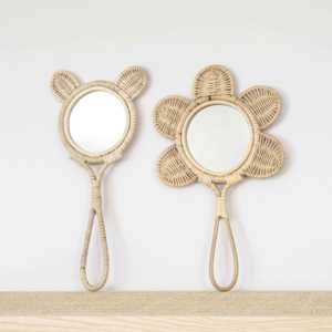Espejos de maquillaje creativos de ratán para niños, hermosos espejos de mano de mimbre para niñas pequeñas - Product Image 1