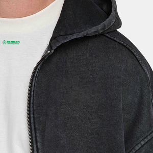 Sweat à capuche zippé noir pour homme 100 % coton, coupe oversize, décontracté, pour l'automne, couleur unie délavée à l'acide - Product Image 5
