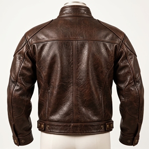 Chaqueta de cuero marrón para hombre, estilo vintage, con cuello alto, cierre de cremallera, estilo motero, corte ajustado. - Product Image 6