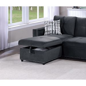 Divano Sezionale Convertibile in Velluto Nero 2 Pezzi con Chaise Longue Reversibile Trapuntata, Letto Estraibile e Contenitore, per Soggiorno - Product Image 6