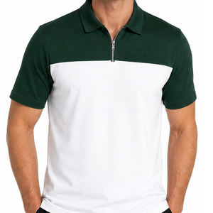 Men's dark Green <b>White</b> Color Block Short Sleeve <b>Polo</b> Shirt With Zipper Casual Style - Product Image 2
